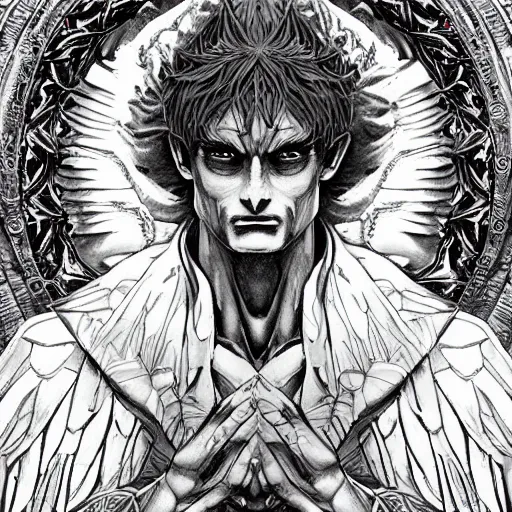 Image similar to 4K headshot portrait of godlike Warlock of Nazareth with defined arms and open hands and bloody clothes with giant mandala wings , intricate face , flawless anime cel animation by Kentaro Miura, psychedelic , highly detailed upper body , professionally post-processed , beautiful, scary, symmetry accurate features, epic, octane rendered, anime masterpiece, accurate by Craig Mullins, ilya kuvshinov, krenz cushart, epic , artgerm trending on artstation by Edward Hopper and Dan Mumford and WLOP and Rutkovsky, beksinski carl spitzweg moebius and tuomas kocar, intricate artwork by caravaggio, Unreal Engine 5, Lumen, Nanite