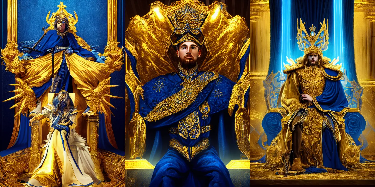 Prompt: Half-length portrait of the azur emperor sitting on its throne. Dramatic and atmospheric lighting. Gold, blue, white. Dark fantasy, digital art, HD, 4k, detailed.