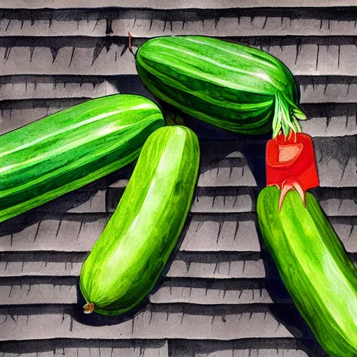 Prompt: painting of a cucumber climbing a drainpipe, colorful, very high detail