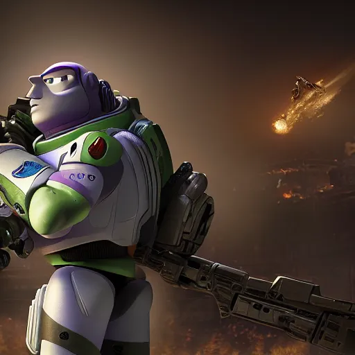 Image similar to Buzz Lightyear as a soldier shooting in 'Gears of War', splash art, movie still, cinematic lighting, detailed face, dramatic, octane render, long lens, shallow depth of field, bokeh, anamorphic lens flare, 8k, hyper detailed, 35mm film grain