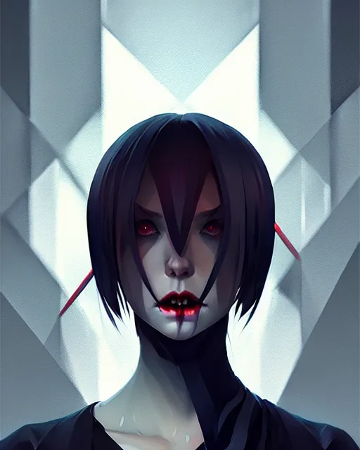 Image similar to sharp hq rendering, dark vampire, character portrait, concept art, painterly, fanart, highly detailed in the style of wlop by ilya kuvshinov, wenjun lin, angular geometric symmetrical design