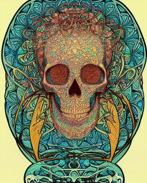 Image similar to skull carving art, cell shading, voronoi,fibonacci sequence, sacred geometry by Alphonse Mucha, Moebius, hiroshi yoshida, Art Nouveau, colorful, ultradetailed, vivid colour, 3d