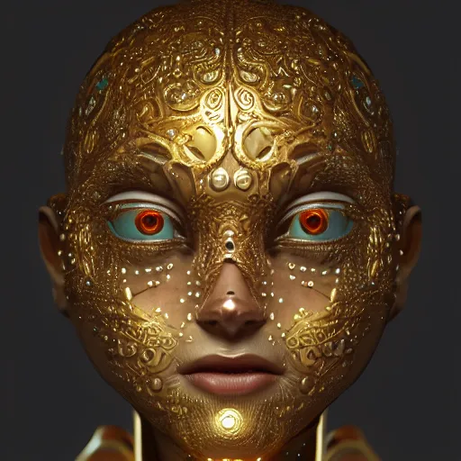 Image similar to an intricate, detailed face of an android, golden skin with water drops on it, unreal engine, trending on artstation, art nouveau