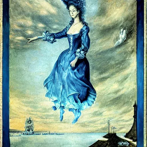 Prompt: Marie Antoinette levitating!!! over the sea. El Greco, Remedios Varo, Salvador Dali, Carl Gustav Carus, John Atkinson Grimshaw. Blue tint. Symetrical, logo, geometric shapes.