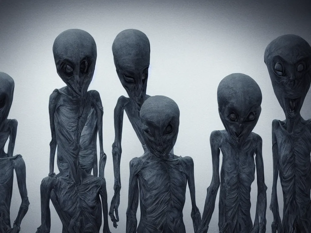 Prompt: !three! sinister grey aliens standing around my bed at night, moonlit bedroom, vivid and detailed, photorealistic