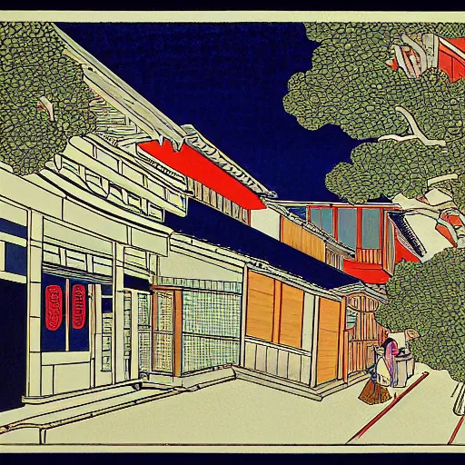 Prompt: painting of suburban american street, katsushika hokusai style