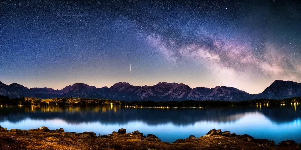 Image similar to photo of a lake at night with bright stars with mountains in the background, landscape, beautiful, elegant, award winning photograph, highly detailed, high resolution photo, cinematic lighting, trending on artstation, 8 k