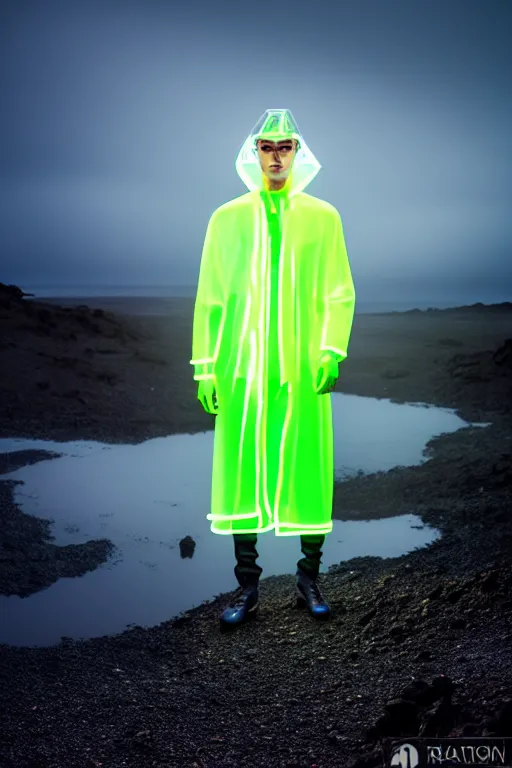 Image similar to an ultra high definition professional high fashion portrait studio full length photograph of a male model wearing a transparent pearlescent raincoat and neon visor in an icelandic black rock environment at dawn. no artefacts. extremely detailed. stark. refraction. shallow depth of field. volumetric light and shadow. ray tracing. light rays.