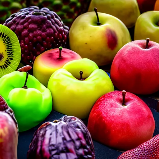 Image similar to uhd photorealistic half eaten and molded fruit on display at a produce stand, uhd hyperdetailed photography