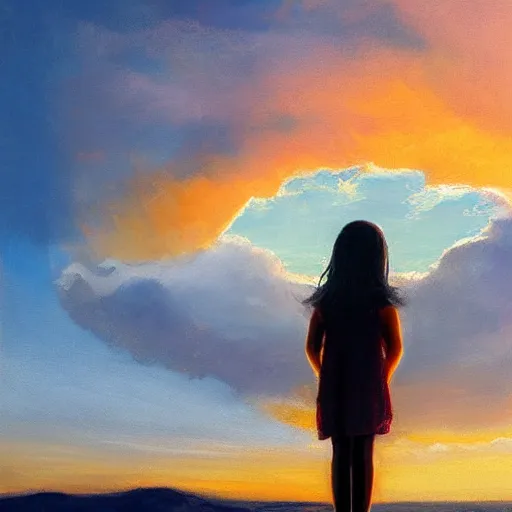 Prompt: a girl looking at the sky standing on top of a vast mirror in the sunset by Jenny Yu