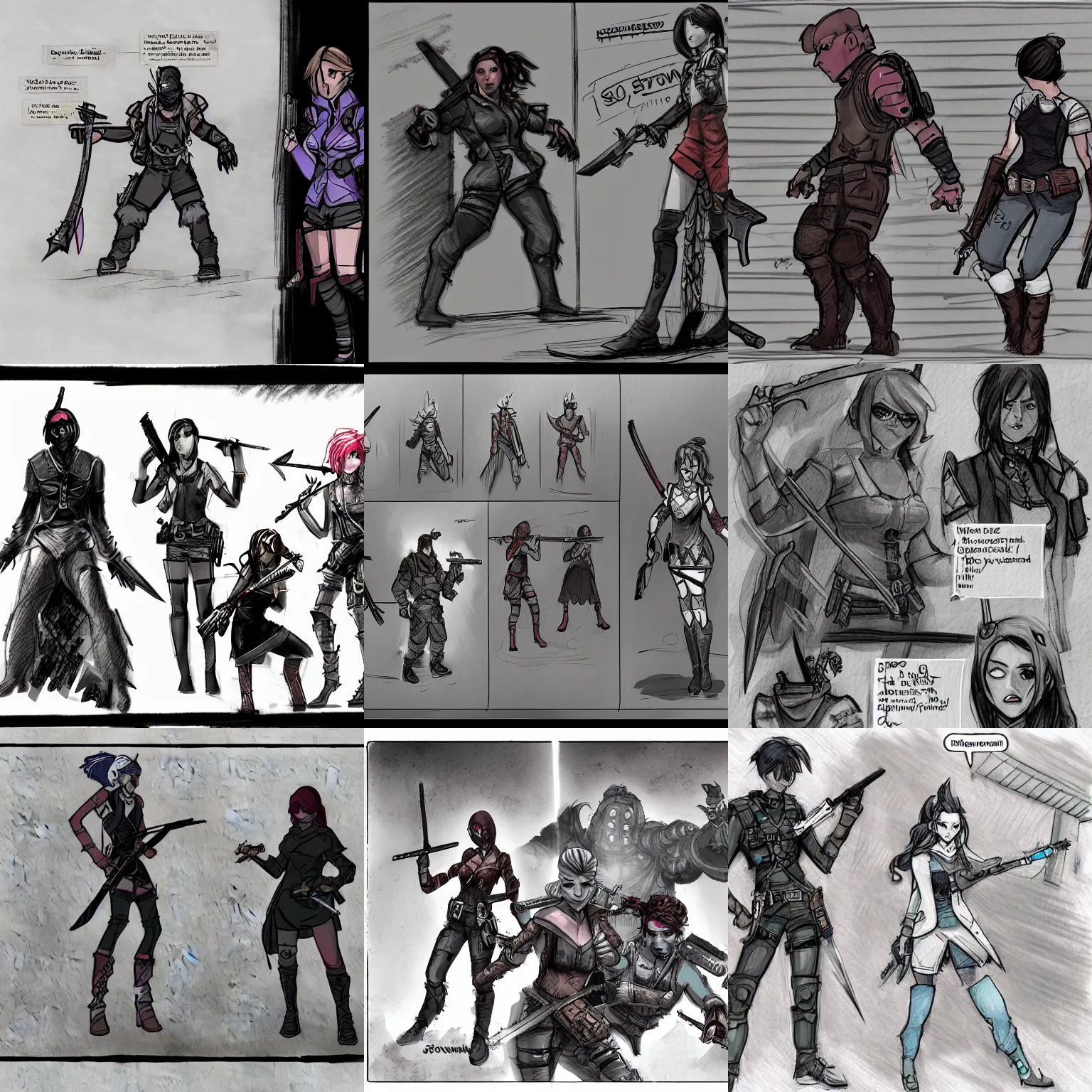 Prompt: a shotgun - toting modern day hunter ; and a sword - wielding magical girl stand back to back against a wall while darkspawn creatures approach them. storyboard sketch, dynamic layout