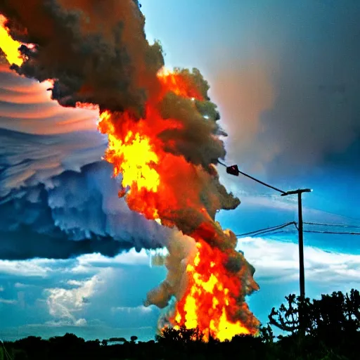 Prompt: Tornado of fire, fire clouds, ultimate tornado, flaming storm