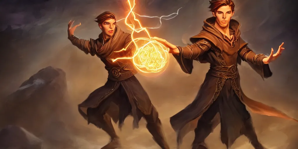 Image similar to epic concept art of a handsome young caucasian male sorcerer with brown hair casting a spell that is emanating from his hands he is in a alchemist lab, action pose, medium shot, deep depth of field, waist up, d & d mage, magic the gathering art