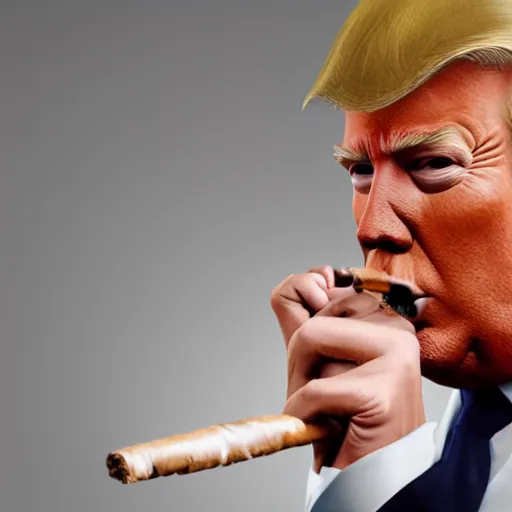 Image similar to a high quality photo of donald trump smoking a cigar, 3d scene, render, ultra realistic, artstation, cgsociety