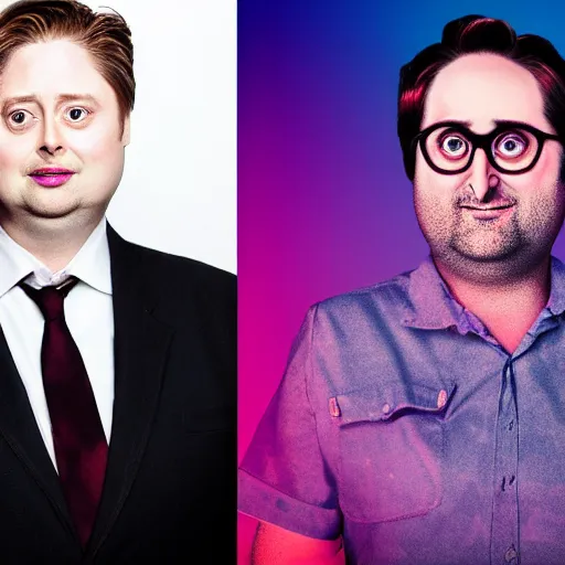 Image similar to realistic beautiful portrait of tim heidecker and Eric Wareheim (Tim and Eric), synthwave funny style