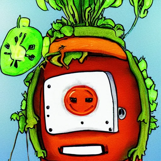 Image similar to little happy robot made of plants with big tomato hat and a carrot sword, made in abyss style