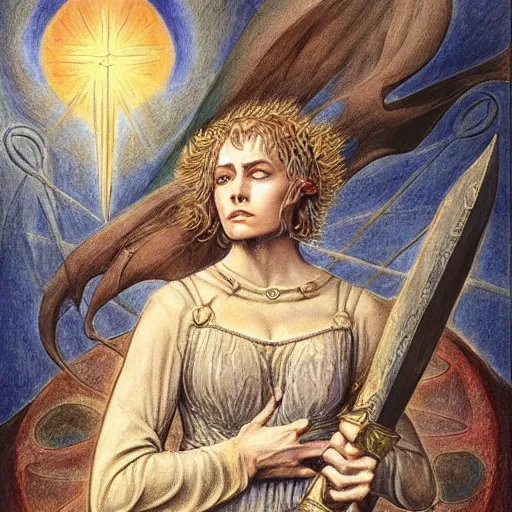 Image similar to most beautiful jeanne d'arc in the style of william blake, terese nielsen, detailed, intricate, beautiful faces, steve argyle, loss of sanity, ecclesial wolf's den pastoral fantastic reality