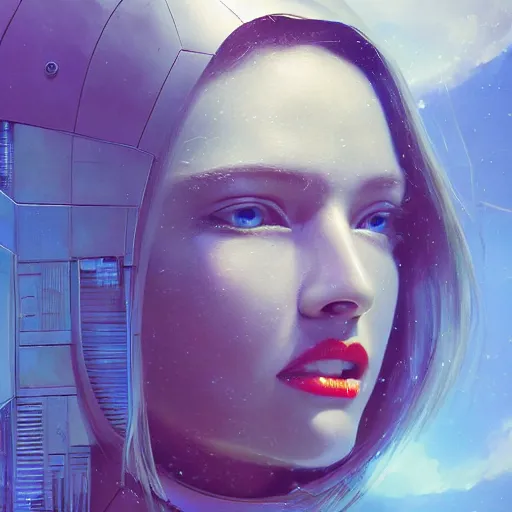 Image similar to 3 d, sci - fi, close - up, morning, smiling fashion model face, sun, cinematic, clouds, sun rays, vogue cover style, poster art, blue mood, realistic painting, intricate oil painting, high detail illustration, figurative art, multiple exposure, poster art, 3 d, by tooth wu and wlop and beeple and greg rutkowski