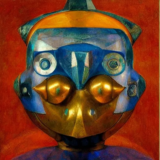 Prompt: the jeweled robot in her bird mask, by Annie Swynnerton and Diego Rivera, symbolist, dramatic lighting, elaborate geometric ornament, Art Deco,god rays, soft cool colors,smooth, sharp focus, extremely detailed, Adolf Wölfli