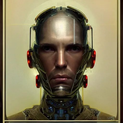 Image similar to portrait of old male android, coy, circuitry visible in head, in the style of ex machina, karol bak, alphonse mucha, greg rutkowski, award winning, hr giger, artstation