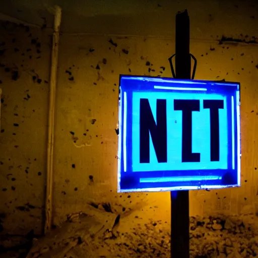 Prompt: A brightly lit sign that says 'No Exit' in an abandoned city