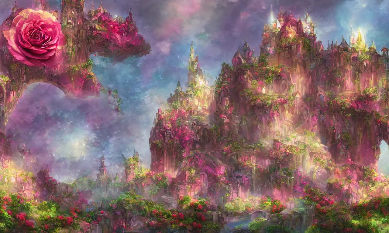 Prompt: concept art of the colorful rose castle, spectacular, magnificent, fantasy, by georgia hart and osnat fine art,