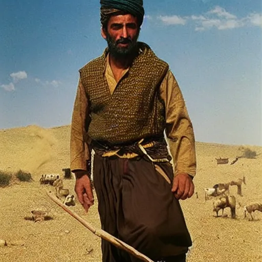 Image similar to Kurdish Kurdish shepherd wearing Kurdish Kurdish clothes in a movie directed by Christopher Nolan, movie still frame, promotional image, imax 70 mm footage