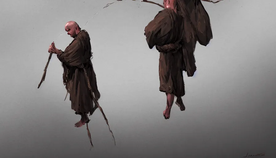 Image similar to concept art of a hanged monk by jama jurabaev, trending on artstation, high quality, brush stroke, for aaa game