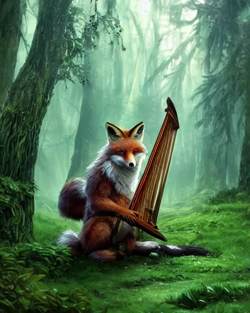 Image similar to Fox, Anthropomorphized, playing harp in magical green forest, D&D, fantasy, cinematic lighting, centered, symmetrical, highly detailed, digital painting, artstation, concept art, smooth, sharp focus, illustration, magic the gathering artwork, volumetric lighting, epic Composition, 8k, art by Akihiko Yoshida and Greg Rutkowski and Craig Mullins, heroic pose, oil painting, cgsociety