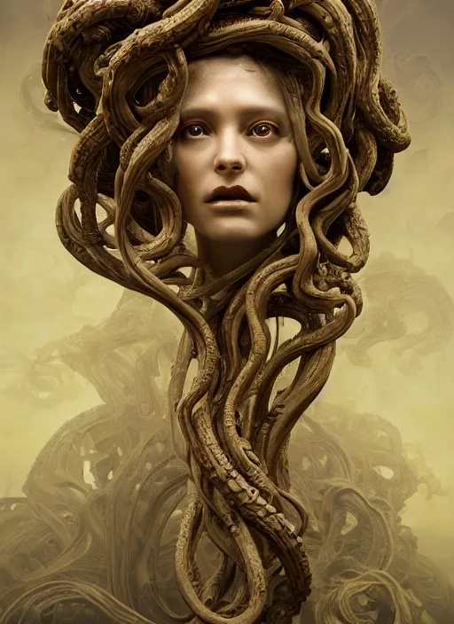 Image similar to medusa made of wax, wooden art nouveau swirls, strong subsurface scattering, cables, tubes, subsurface scattering, in the style of ruan jia and tomasz alen kopera and giger, subsurface scattering, mystical colors, rim light, dramatic lighting, 8 k, stunning scene, raytracing, octane render, trending on artstation