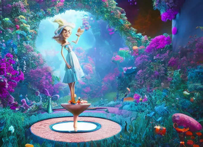 Prompt: a pixar alice from wonderland sitting on top of a non - euclidean infinite tunnel of evanescent hallucinatory images in endless mirrors that temporarily cling to a virtual node of experience called the self in an illusion called spacetime, hyperdetailed, octane render, nvidia raytracing demo