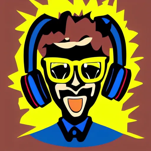 Image similar to svg vector sticker of absolutely insane-mad-scientist-villain, rocking out, wearing headphones, huge speakers, dancing, rave, DJ, spinning records, digital art, amazing composition, rule-of-thirds, award-winning, trending on artstation, featured on deviantart