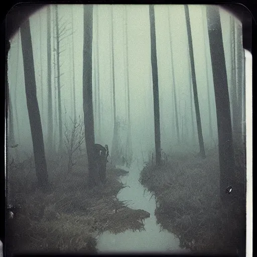 Prompt: an eerie, foggy swamp, with strange creatures lurking within. scary, grotesque, old photo, polaroid