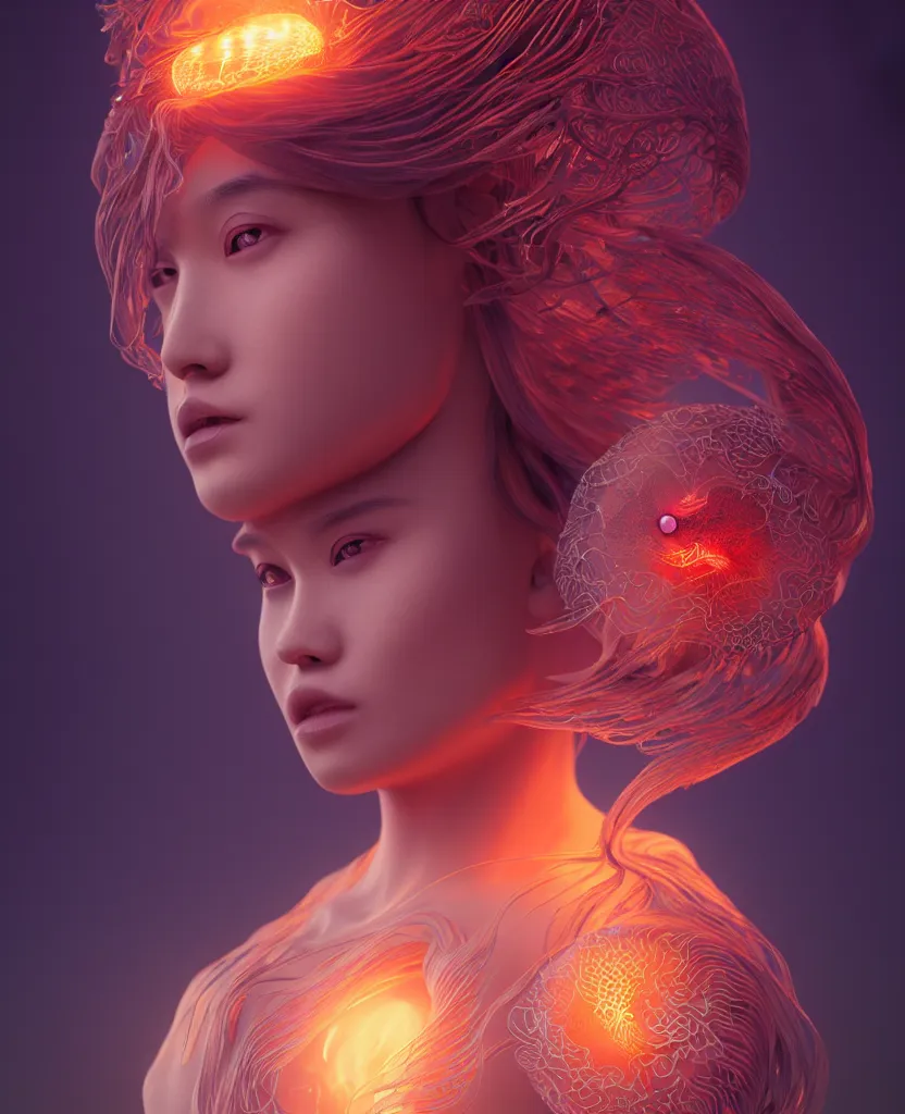 Image similar to goddess portrait. jellyfish phoenix head. intricate artwork by Tooth Wu and wlop and beeple. octane render, trending on artstation, greg rutkowski very coherent symmetrical artwork. cinematic, hyper realism, high detail, octane render, 8k