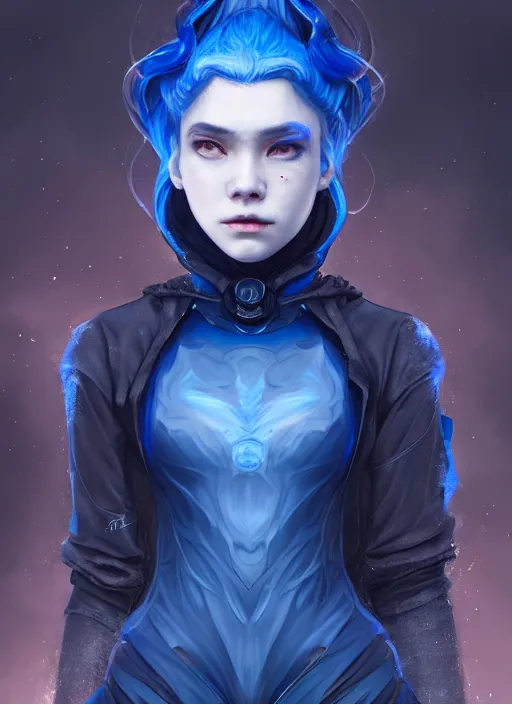 Image similar to full body portrait of a blue witch within a techwear. cynical face, concept art, fantasy illustration, intricate, highly detailed 8 k, smooth, sharp focus, beautiful and aesthetic shape of face and body, artgerm, artstation, art by zexi guo and nira and junpei suzuki and gharliera and rinotuna