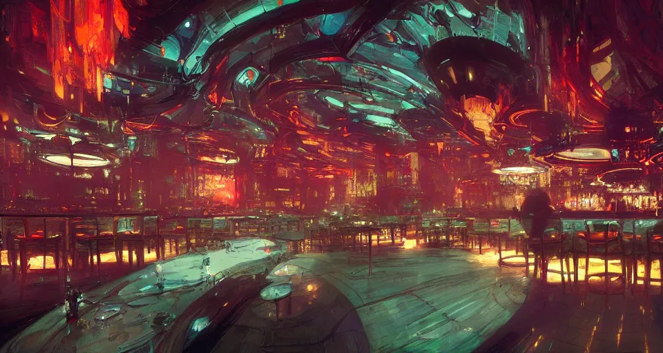 Image similar to futuristic bar interior, intricate, elegant, vivid colors, highly detailed, john park, craig mullins, sparth, ruan jia, jeffrey catherine jones