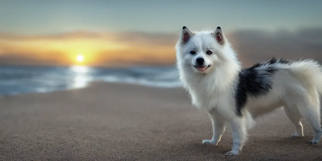 Prompt: a closeup photorealistic photograph of a robot cyborg japanese spitz on the beach at sunset. part dog part machine, pipes and wires glowing eyes. robot dog. part robot dog. hybrid machine dog. this 4 k hd image is trending on artstation, featured on behance, well - rendered, extra crisp, features intricate detail and the style of unreal engine. golden hour