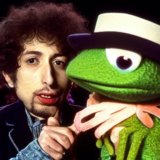 Image similar to bob dylan strangling kermit the frog, photograph