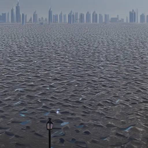 Image similar to dubai completely flooded, aftermath of a tsunami, perspective from a balcony, donald trump selfie, 4k, photorealistic, octane