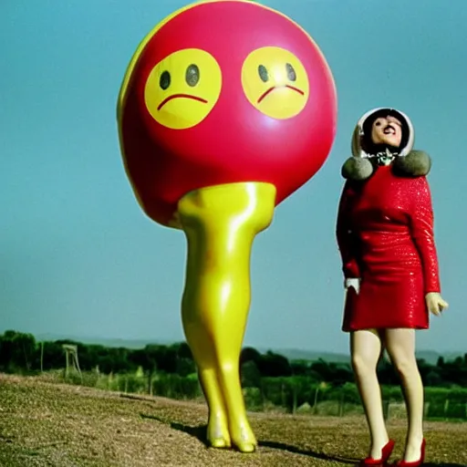 Prompt: 1976 glamorous curvy woman wearing an inflatable smiley head, wearing a dress, in a small village full of inflatable animals, 1976 French film archival footage technicolor film expired film 16mm Fellini new wave John Waters Russ Meyer movie still