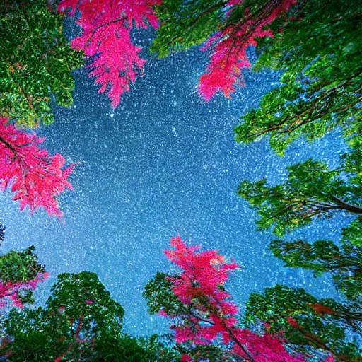 Image similar to peering upward toward a canopy of pink leaves against a starry night sky, realistic