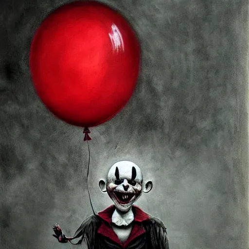 Image similar to grunge painting of creepy pasta with a wide smile and a red balloon by chris leib, loony toons style, pennywise style, corpse bride style, horror theme, detailed, elegant, intricate, Atmospheric phenomenon, conceptual, volumetric light