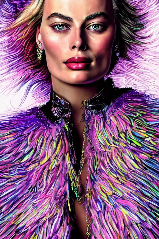 Image similar to Detailed portrait of beautiful Margot Robbie strong neon lighting, extravagant feathered collar, futuristic, by glenn fabry, hyper realistic, HD, oil on canvas