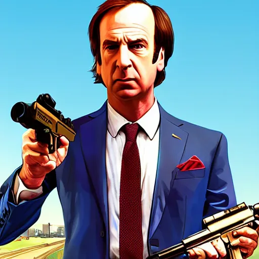 Image similar to saul goodman standing in the sun holding a smg gun, grand theft auto 5 artwork