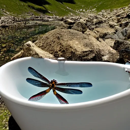 Image similar to dragonfly in a bathtub in the alps, goat!!!!! in background