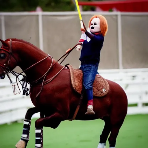 Image similar to screaming chucky doll playing polo on a horse