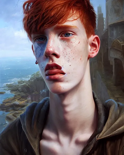 Image similar to portrait of tall, thin, 1 5 - year - old boy with a long nose, a lot of freckles, fiery red hair, and bright blue eyes, hyper realistic face, beautiful eyes, fantasy art, in the style of greg rutkowski, intricate, hyper detailed, smooth