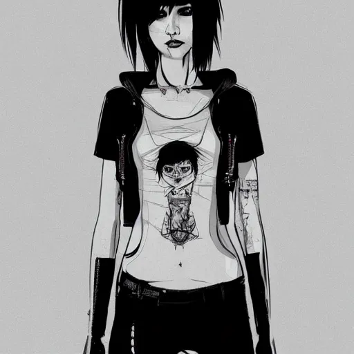 Prompt: full body portrait of punk girl clothing inspired by ghost in the shell, plain background, ultrafine detail, digital concept art, masterpiece!!!, by liam wong