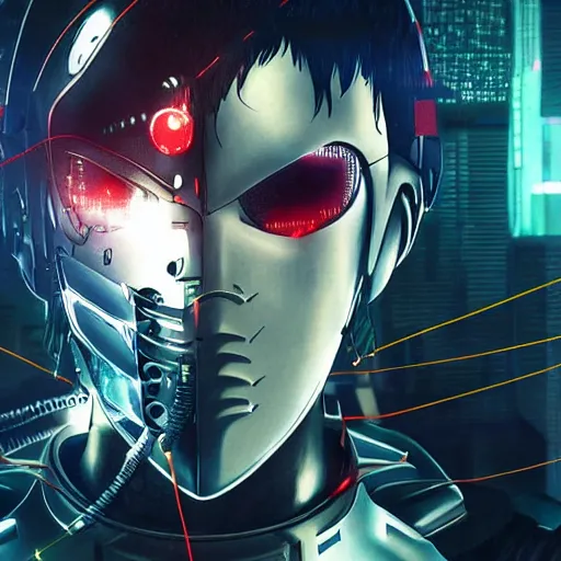 Prompt: an assassin wearing a full body armor and mask, cyborg, wires and cables, By ghost in the shell, cinematic, anime key visual, high-detail