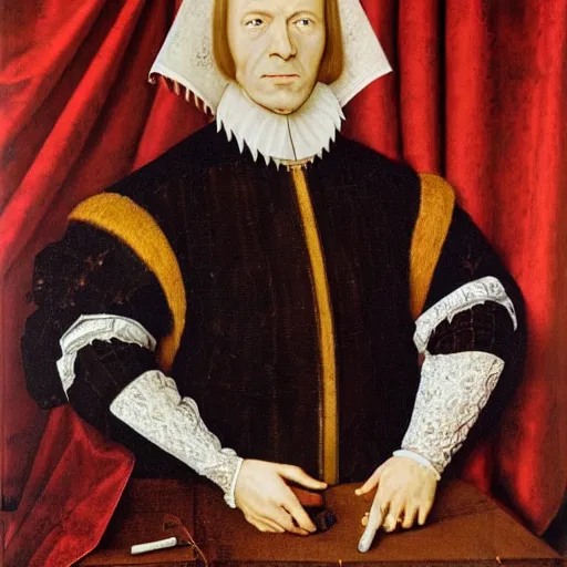 Image similar to a highly detailed portrait of miles edgeworth, wearing elegant tudor clothes, inside a room with thick red tapestries, oil painting by hans holbein and alessandro allori and richard burbage